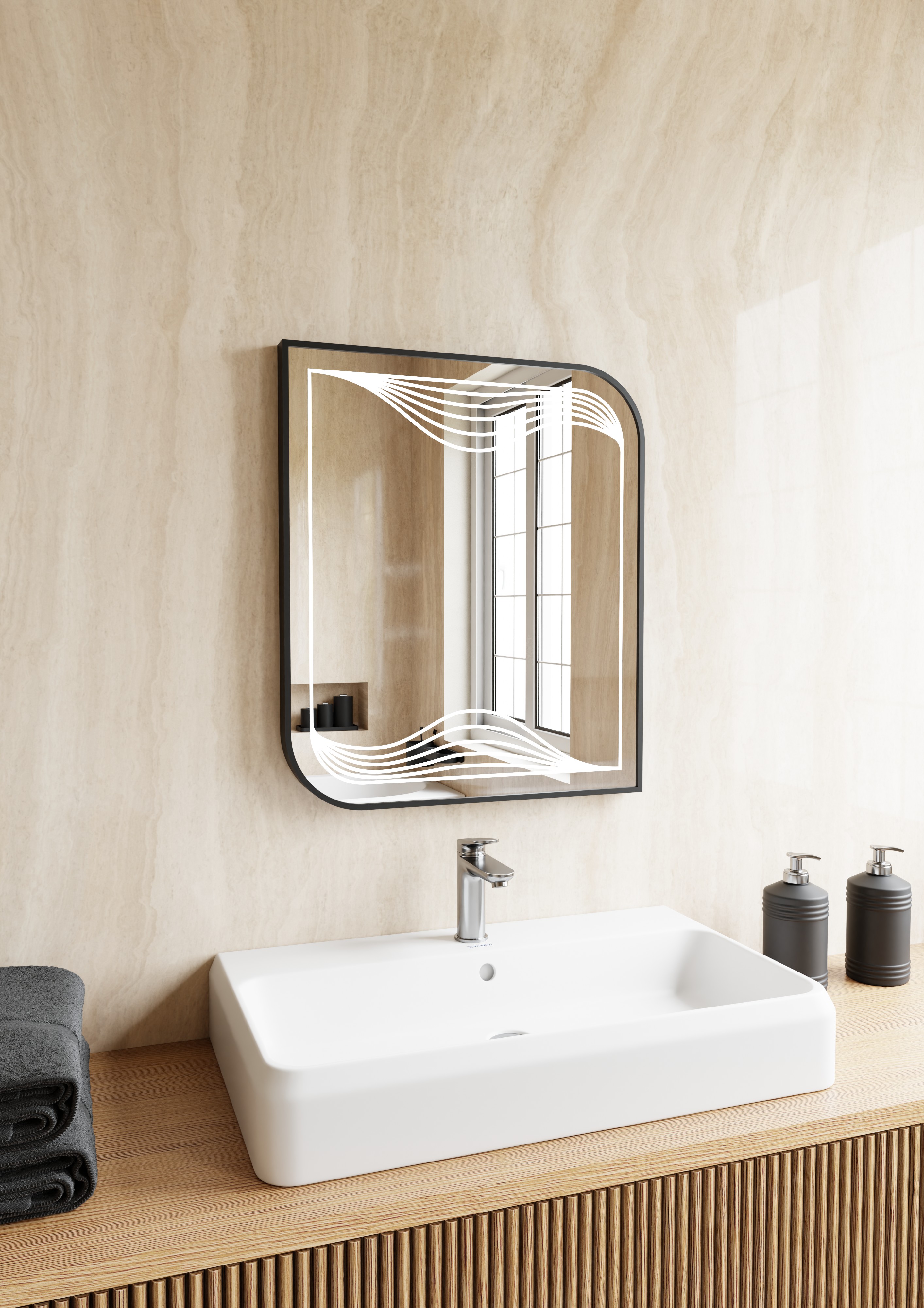 LED decorative bathroom mirror in a black metal aluminum frame